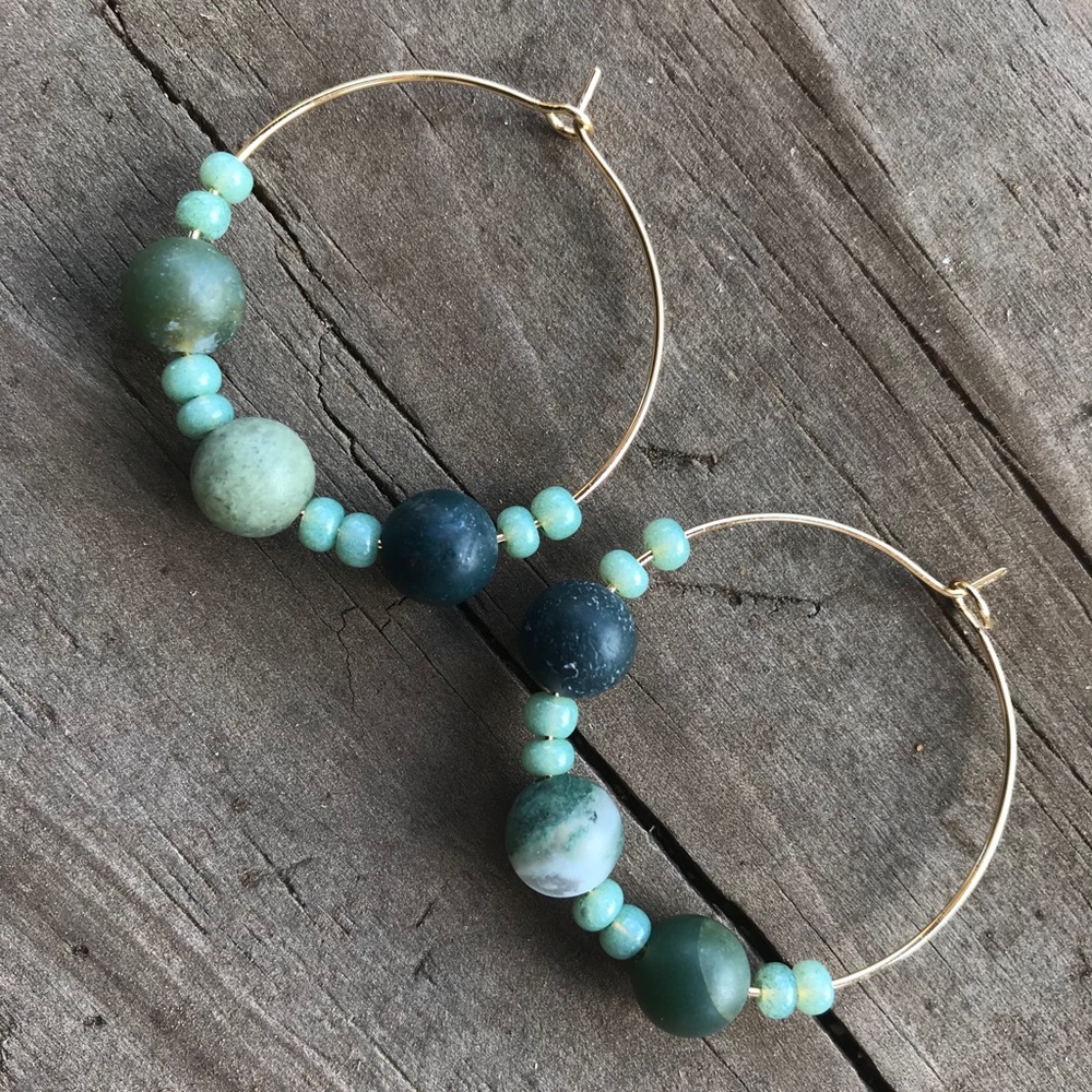 Matte Indian Agate Beaded Gold Plated Hoop Earring - Picture 3 of 8